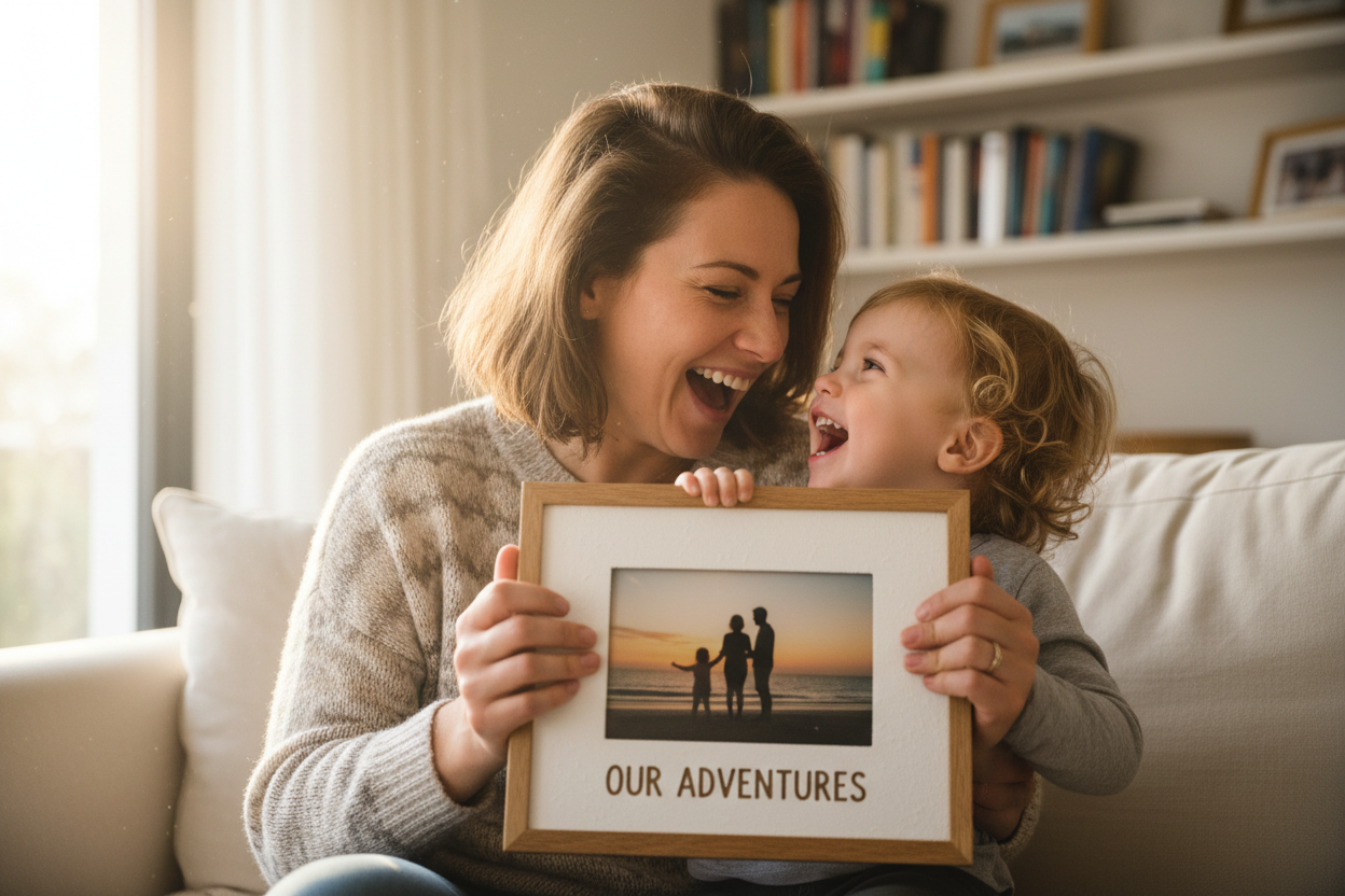 Mutter und Kind schauen sich an und lachen und halten in der hand eine personaliertes bild mit rand 