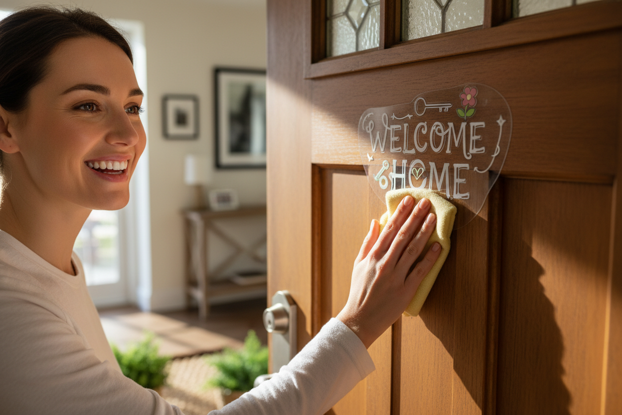 person klebt einen welcome aufkleber auf die tür mit freude